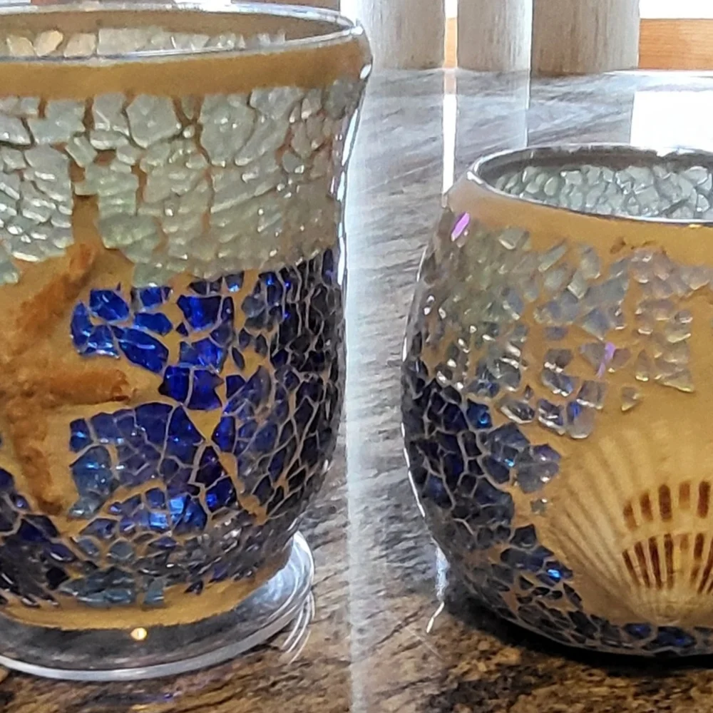 Mosaic Glass Candle Holders with Starfish and Shell Design
